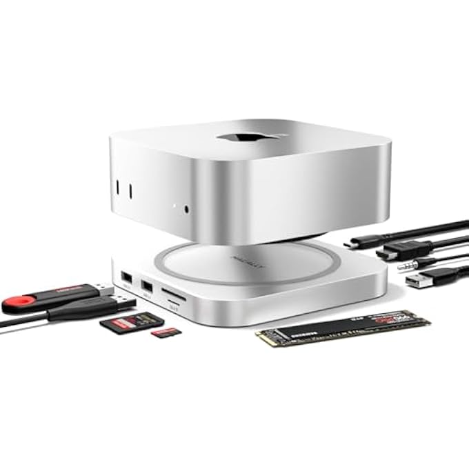 rayihni MAC MINI M4 DOCK AND STAND, MAC MINI M4 HUB WITH NVME/SATA SSD ENCLOSURE, 4K HDMI 60HZ, 3 USB A 10GBPS, USB C DATA PORT, SD CARD READER, 3.5MM AUDIO JACK - Image 1