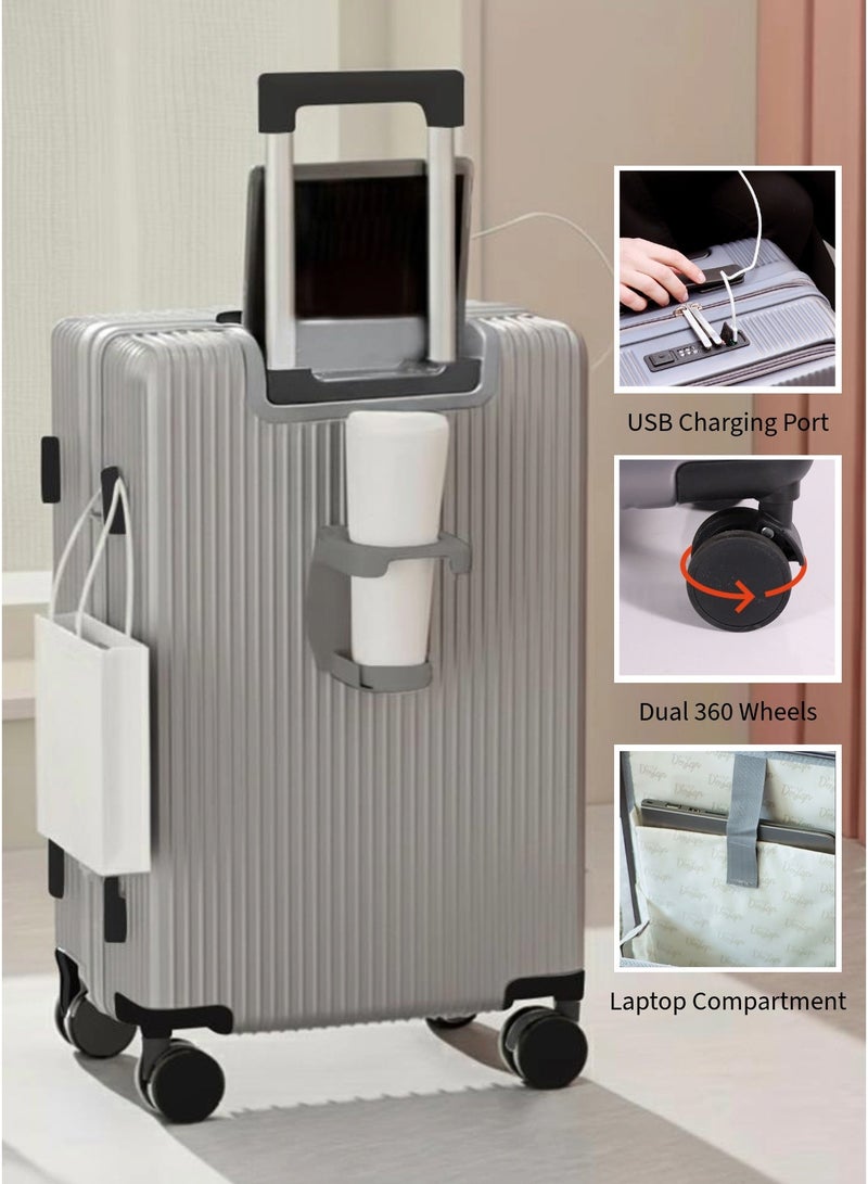 بيج ديزاين حقيبة سفر بحجم 20 إنش، مصنوعة من مادة ABS، مزودة بحامل أكواب ومنفذ USB، حقيبة صلبة تحتوي على قسم مخصص للابتوب ونظام قفل TSA، مزودة بعجلات دوارة 360 درجة، وتتحمل وزنًا يصل إلى 15 كغم. - Image 1