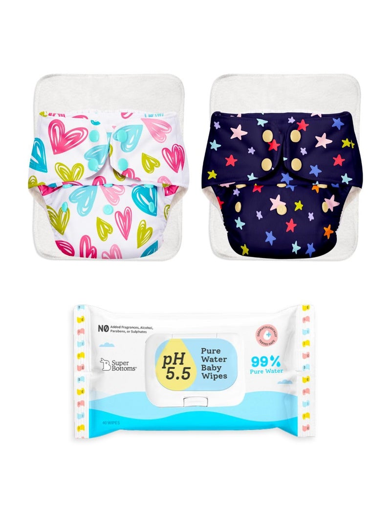 superbottoms Basic - 2 Reusable Cloth Diaper (Assorted) For Babies & Pack Of 40 Xtrahydrating Wipes Free | Unscented Baby Wipes, 3.5X | Adjustable Organic Diapers For Day Time (With 2 UltraThin Dry Pad) - Image 4