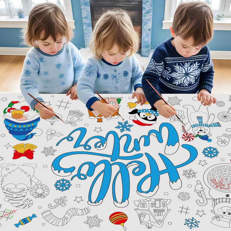 PADELO 1 Pack Winter Coloring Poster - Hello Winter Giant Coloring Tablecloth for Kids, Snowflake Christmas Paper Table Cloth Cover Crafts for Gifts Party Classroom Games Activities Decorations, 72 x 30 Inch - Image 2