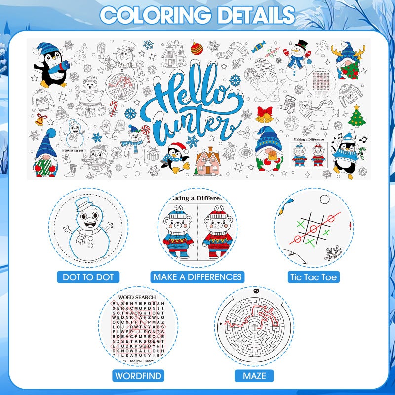 PADELO 1 Pack Winter Coloring Poster - Hello Winter Giant Coloring Tablecloth for Kids, Snowflake Christmas Paper Table Cloth Cover Crafts for Gifts Party Classroom Games Activities Decorations, 72 x 30 Inch - Image 4