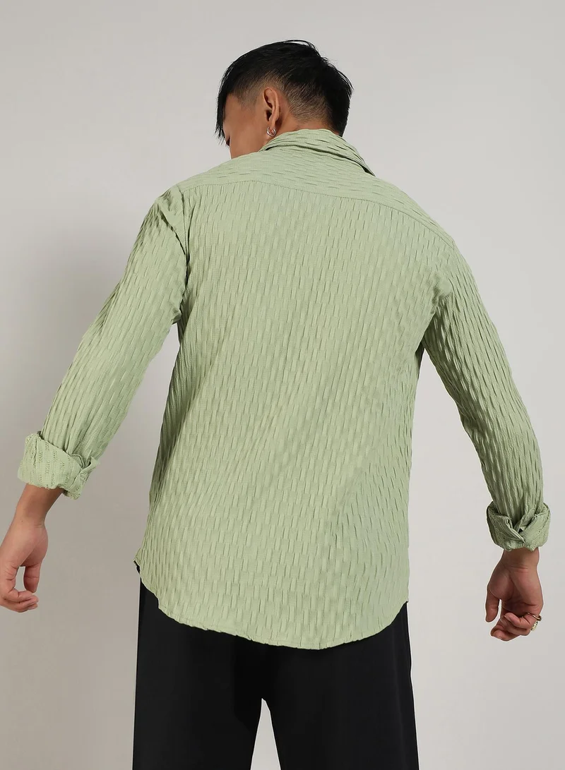 Campus Sutra Men's Pistachio Green Crinkled-Weave Shirt
