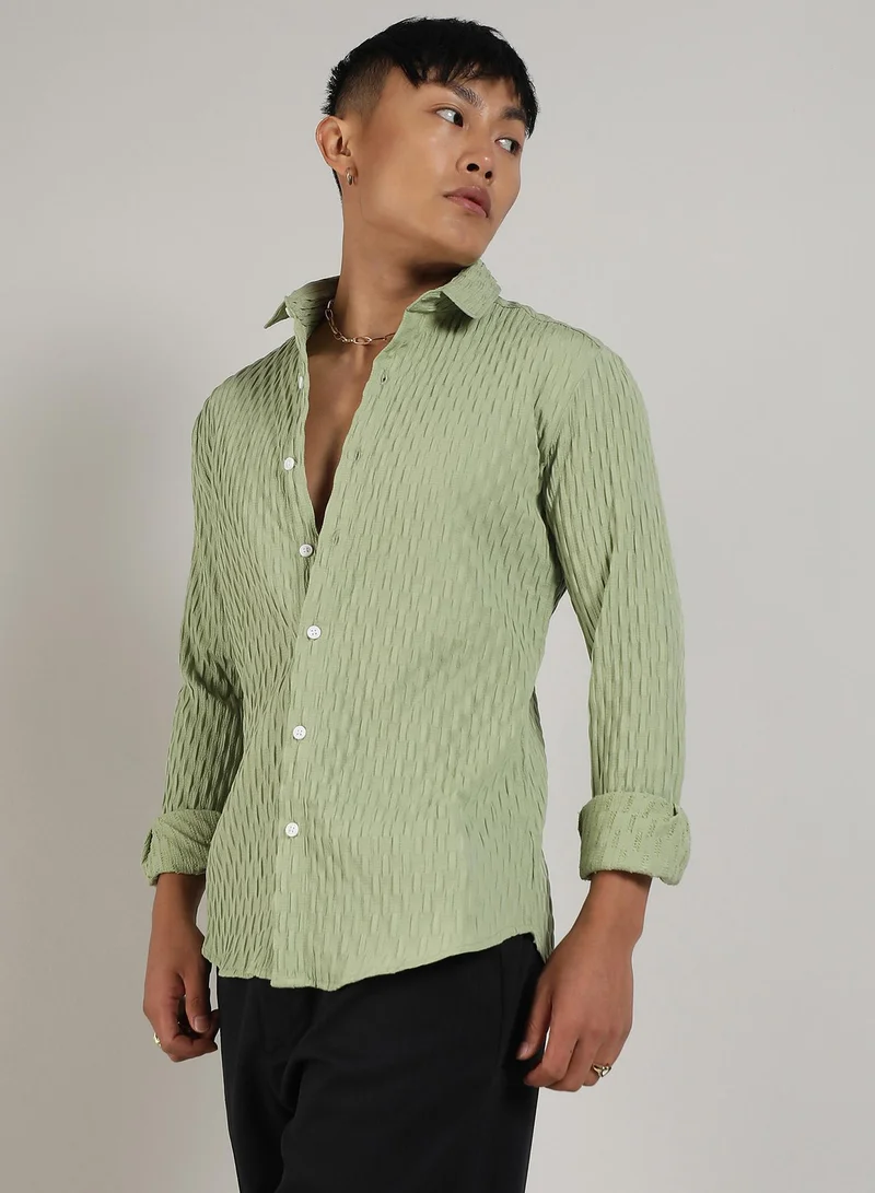 Campus Sutra Men's Pistachio Green Crinkled-Weave Shirt
