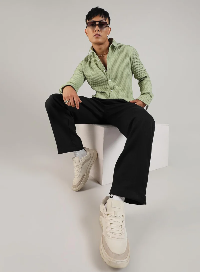 Campus Sutra Men's Pistachio Green Crinkled-Weave Shirt