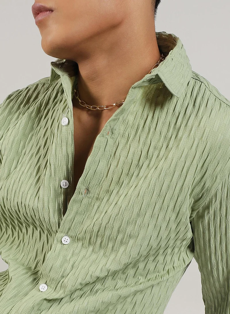 Campus Sutra Men's Pistachio Green Crinkled-Weave Shirt