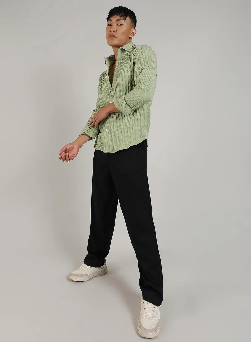 Campus Sutra Men's Pistachio Green Crinkled-Weave Shirt