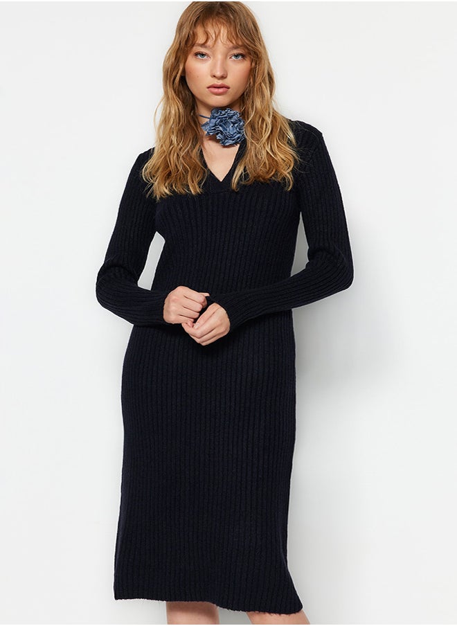 trendyol Navy Blue Midi Knitwear Soft Textured Polo Neck Dress TWOAW24EL00026  - Image 1