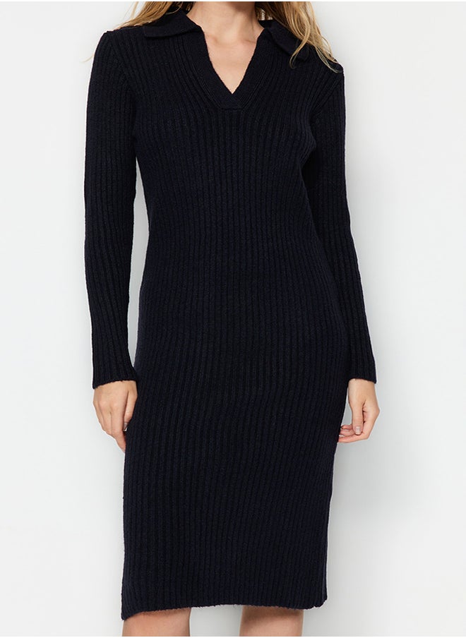 trendyol Navy Blue Midi Knitwear Soft Textured Polo Neck Dress TWOAW24EL00026  - Image 5