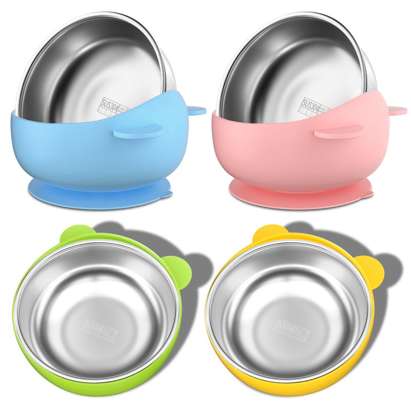 Bakpoco Stainless Steel Baby Bowls with Suction, 2-in-1 SUS304 Toddlers Bowl & Removable Silicone Suction Kids Bowl, Anti Scald Non Toxic Snack Container for Baby Food Feeding, 4 Colors Set - Image 1