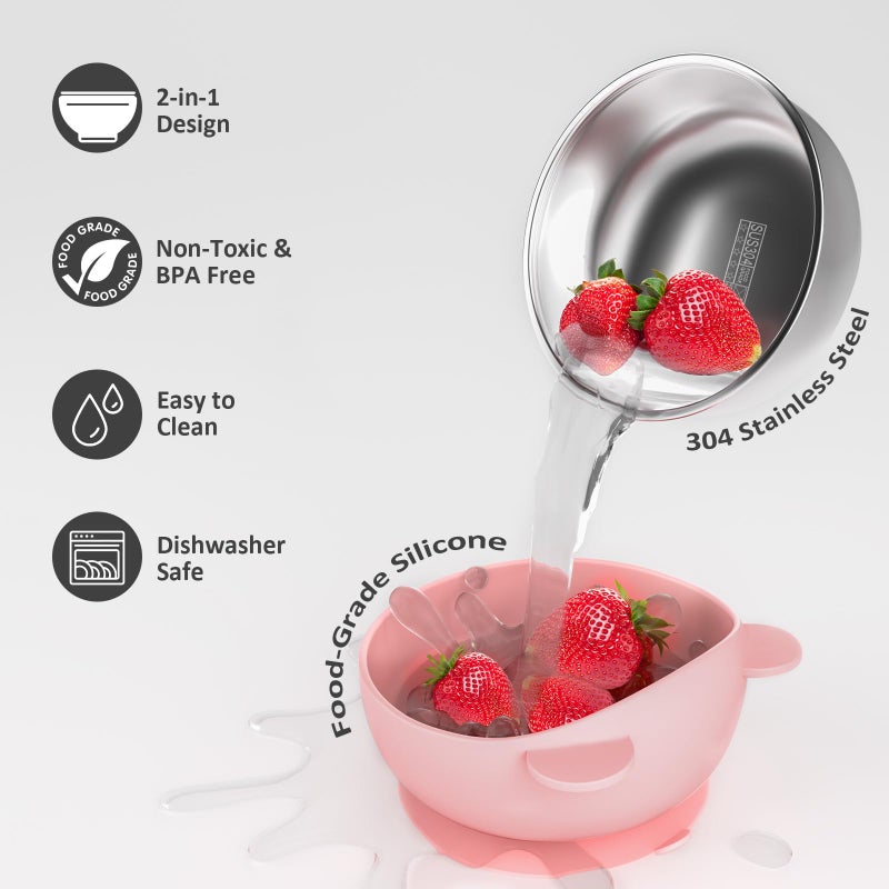 Bakpoco Stainless Steel Baby Bowls with Suction, 2-in-1 SUS304 Toddlers Bowl & Removable Silicone Suction Kids Bowl, Anti Scald Non Toxic Snack Container for Baby Food Feeding, 4 Colors Set - Image 4