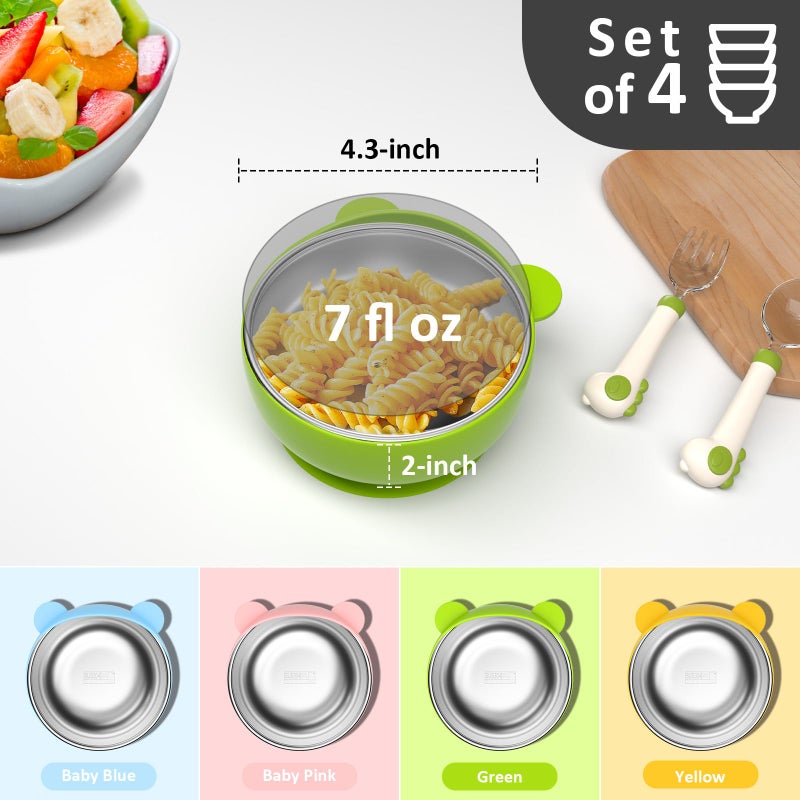 Bakpoco Stainless Steel Baby Bowls with Suction, 2-in-1 SUS304 Toddlers Bowl & Removable Silicone Suction Kids Bowl, Anti Scald Non Toxic Snack Container for Baby Food Feeding, 4 Colors Set - Image 2