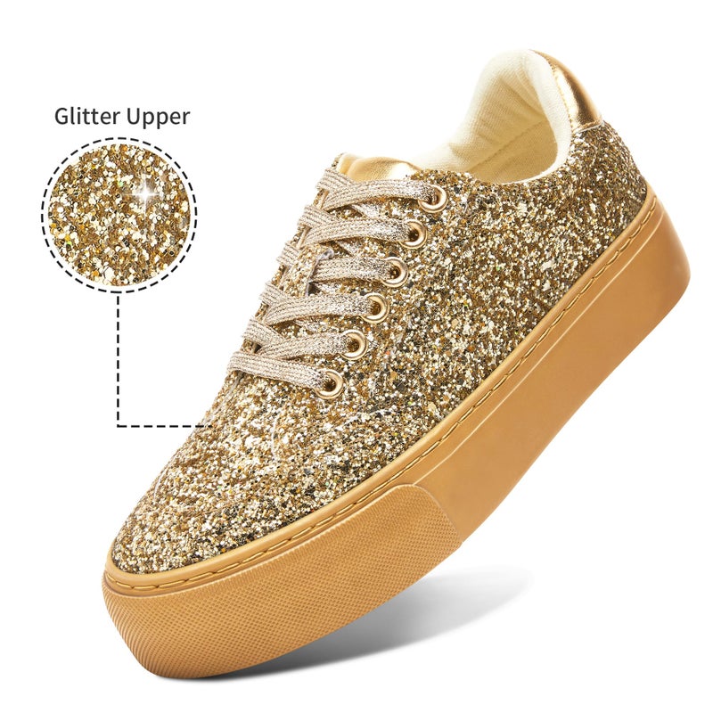 Jeekopeg Glitter Platform Sneakers Women Casual Sequin Sparkly Shoes Bling Thick Sole Walking Shoes Shiny Sequin Wedding Sneakers for Lady(Gold Glitter,US8) - Image 3