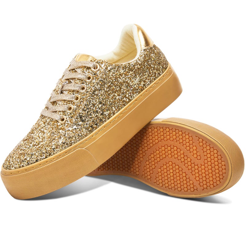 Jeekopeg Glitter Platform Sneakers Women Casual Sequin Sparkly Shoes Bling Thick Sole Walking Shoes Shiny Sequin Wedding Sneakers for Lady(Gold Glitter,US8) - Image 1