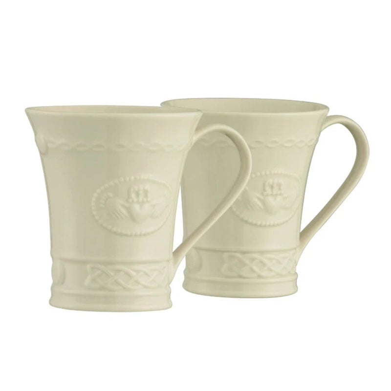 Belleek Claddagh Irish Coffee Mugs Set of 2 Handcrafted Ceramic Cups Fine Parian China White 48W x 4H 10oz