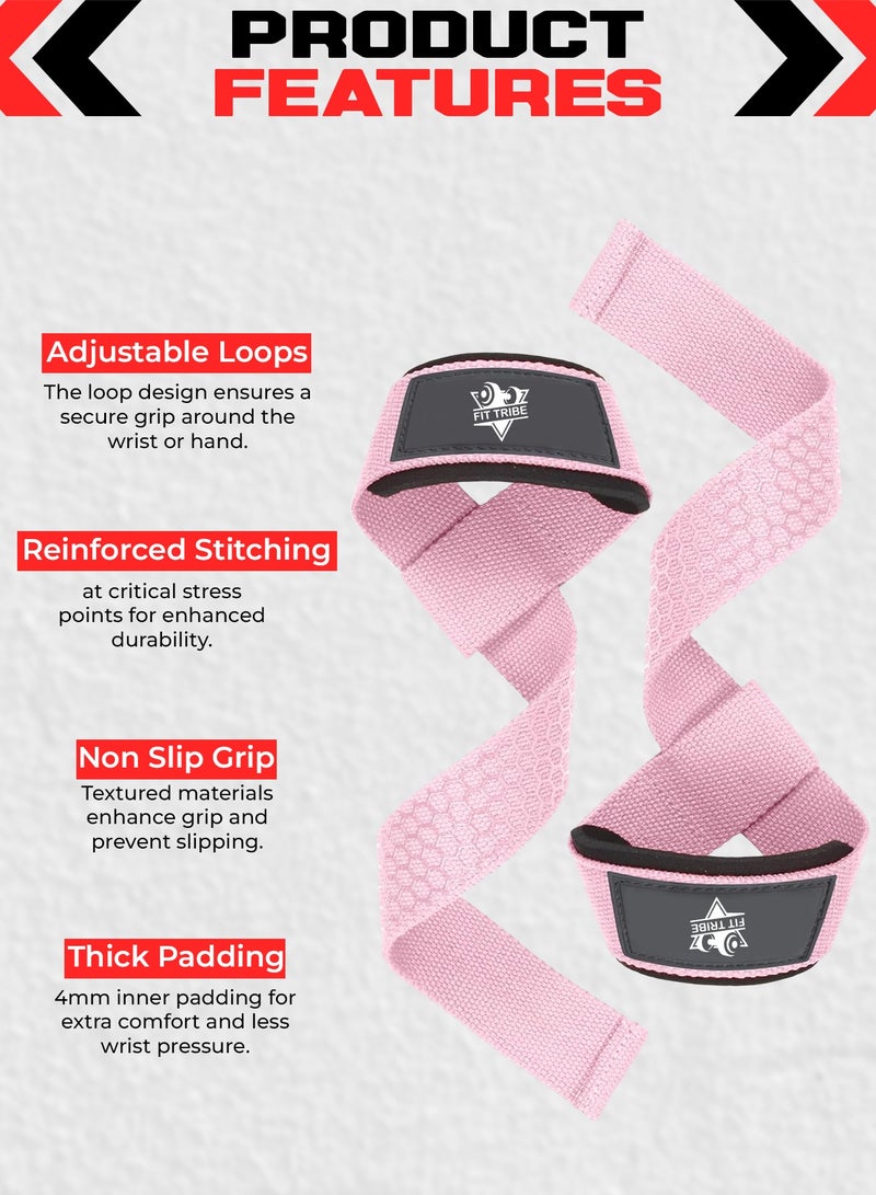 FIT TRIBE Weight Lifting Straps, Gym Straps for Weight Lifting Support, Powerlifting, Bodybuilding & Fitness, Adjustable Wrist Straps for Men & Women - Strength Training Gym Accessories (Pink) - Image 2