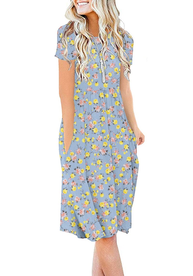 DB MOON Women 2026 Summer Casual Short Sleeve Dresses Empire Waist Dress with Pockets Blue Yellow Flower L - Image 1