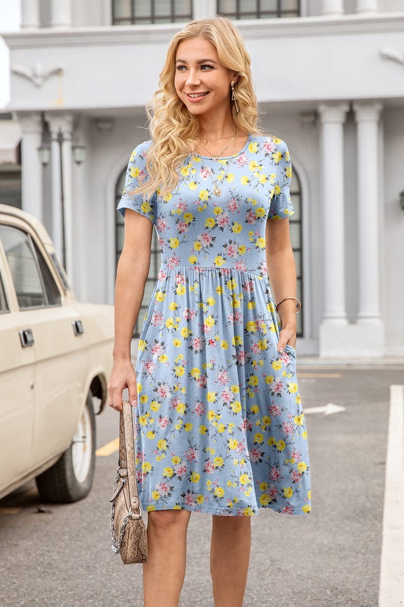 DB MOON Women 2026 Summer Casual Short Sleeve Dresses Empire Waist Dress with Pockets Blue Yellow Flower L - Image 2