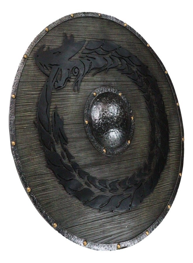 إيبروس جيفت لوحة جدارية من الراتنج بتصميم درع محارب فايكنغ، بلمسة نهائية خشبية عتيقة، مستوحاة من أساطير الإسكندنافية القديمة، تمثل رمز التنين وعجلة النار. تُضفي لمسة من سحر العالم القديم على ديكور منزلك. - Image 2