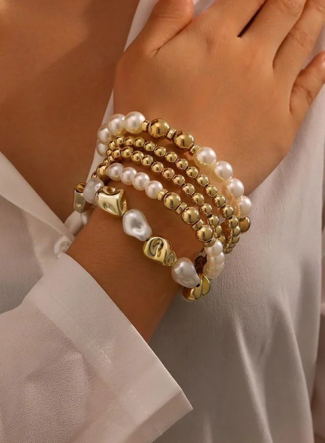 Take Two Pack of 5 White Faux Pearl and Gold Tone Beaded Bracelet