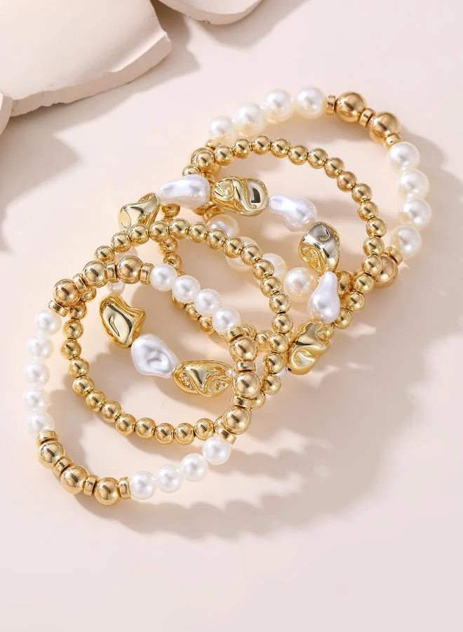 Take Two Pack of 5 White Faux Pearl and Gold Tone Beaded Bracelet