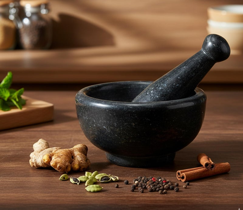 KLEO 6" Wide (Big Size) Natural Stone Mortar and Pestle Set as Spice Grinder Medicine Masher - Okhli and Musal (Black) - Image 1