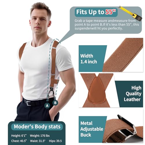 MISAKTEAM 2 Clips Side Mens Suspenders Heavy Duty Big And Tall Camel Suspenders for Jeans X-Back Suspender Adjustable Elastic Braces for Formal and Casual Wear - Image 2