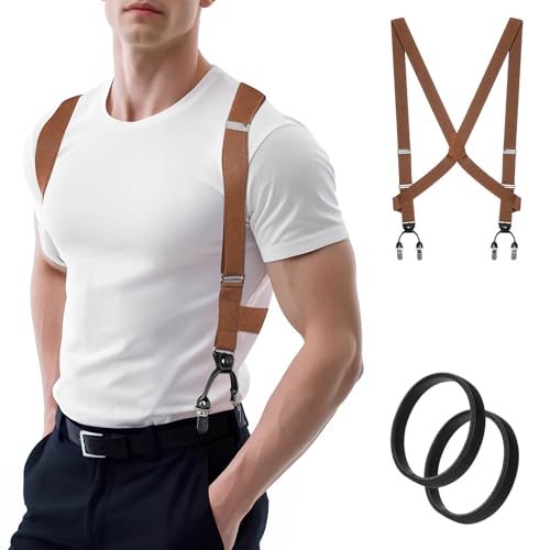 MISAKTEAM 2 Clips Side Mens Suspenders Heavy Duty Big And Tall Camel Suspenders for Jeans X-Back Suspender Adjustable Elastic Braces for Formal and Casual Wear - Image 1