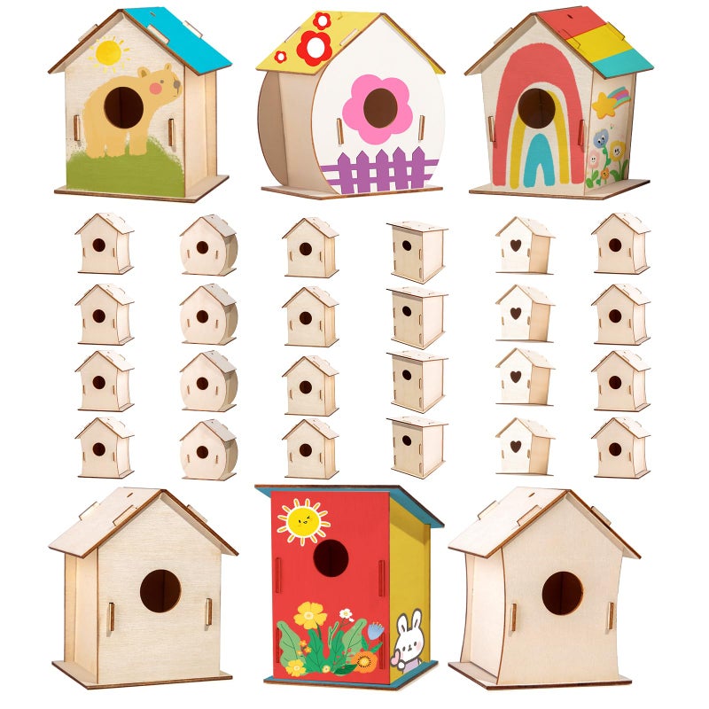 QUYSK 24 Sets DIY Wood Birdhouse Bulk for Kids Parties and Classrooms, Art Painting Bird House Craft Kit Unfinished Wood Bird Houses to Paint for Kids 3+ Spring Summer Arts and Craft Projects - Image 1