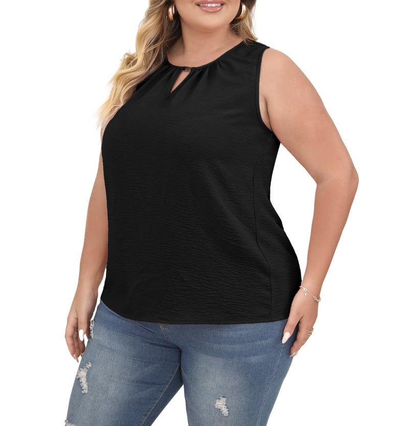 OLRIK Plus Size Flowy Tank Top Loose Fit Summer Sleeveless Blouse Black-2X - Image 2