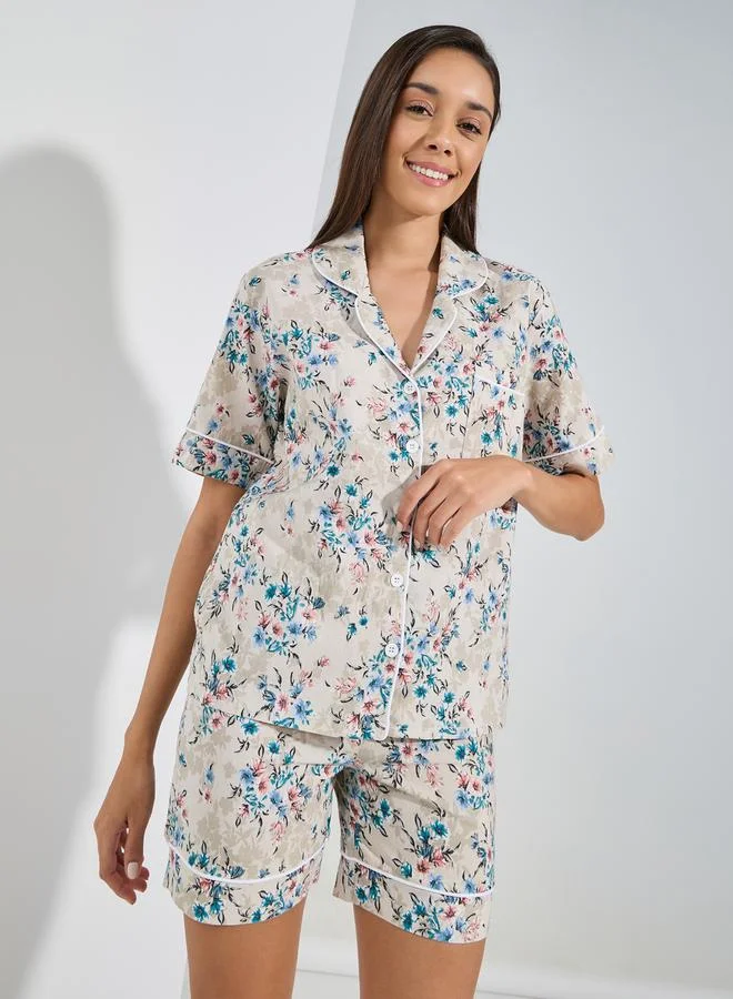 ستايلي Cotton Linen Floral AOP Buttoned Shirt & Shorts Set