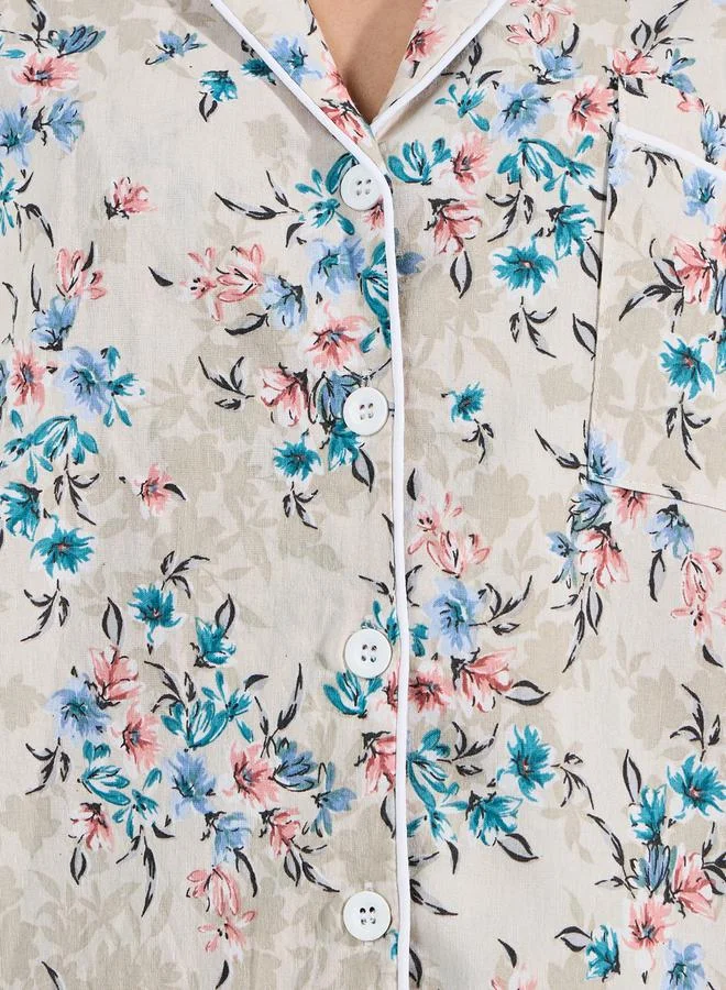 ستايلي Cotton Linen Floral AOP Buttoned Shirt & Shorts Set