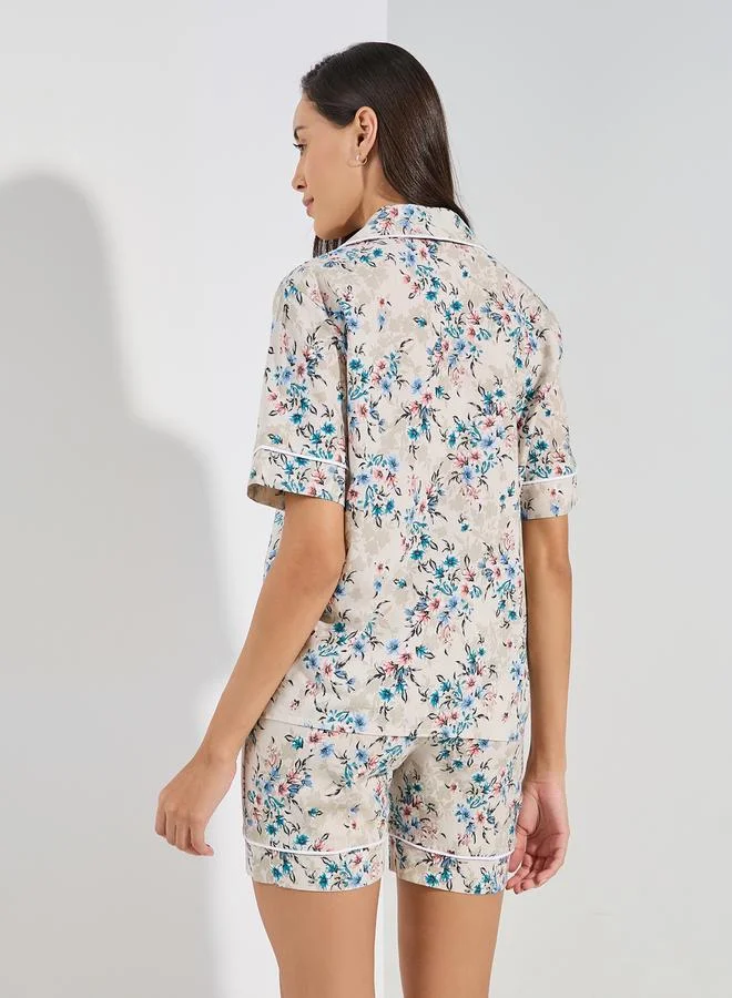 ستايلي Cotton Linen Floral AOP Buttoned Shirt & Shorts Set