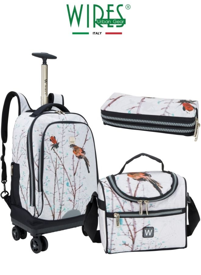 Wires 3 Piece Set Kids School Trolley Bag laptop compartment 4 Wheels With Lunch bag & Pencil Case  - Image 1