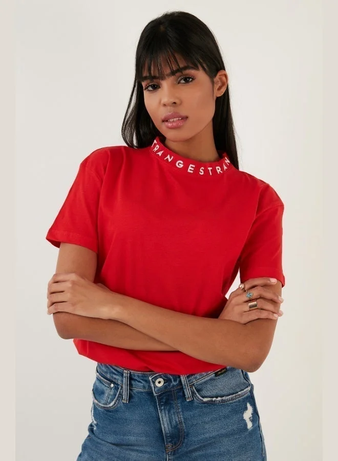 Lela Lela Collar Printed Crew Neck Basic Knitted T Shirt Women's T-SHIRT 5864054