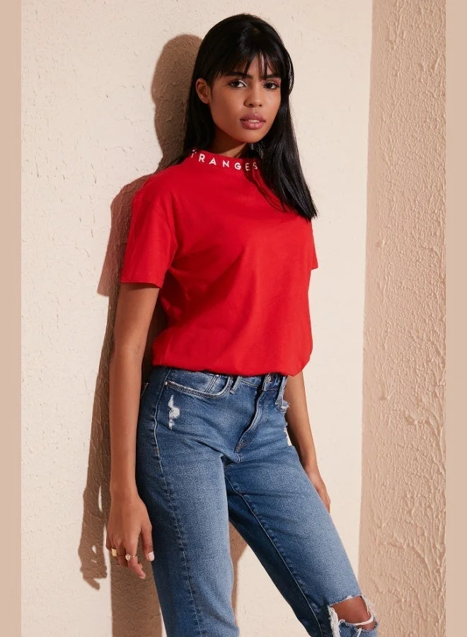 Lela Lela Collar Printed Crew Neck Basic Knitted T Shirt Women's T-SHIRT 5864054