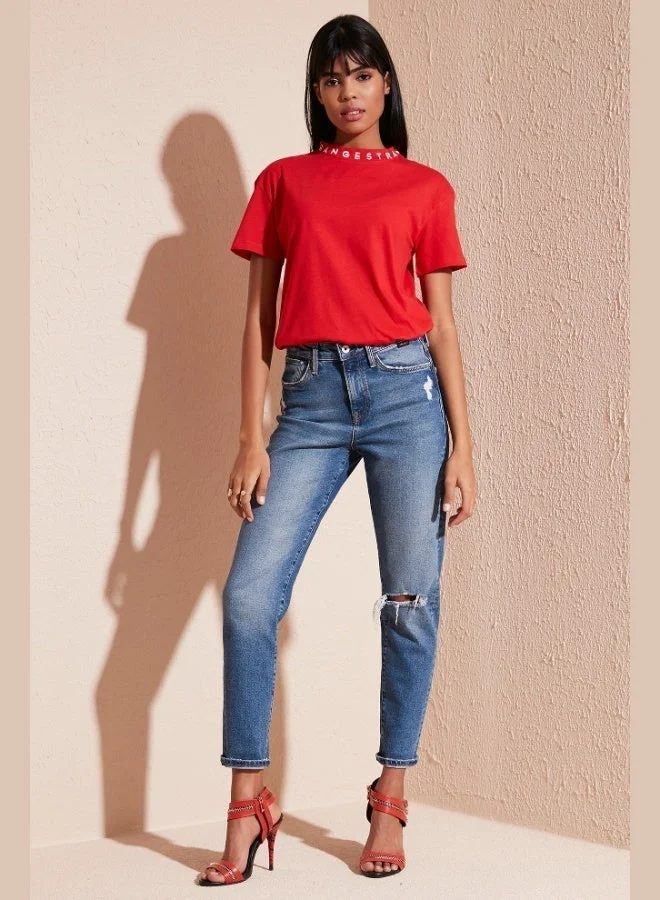 Lela Lela Collar Printed Crew Neck Basic Knitted T Shirt Women's T-SHIRT 5864054