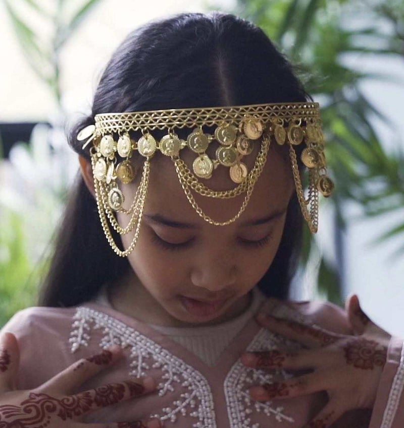 idealway Girls Belly Dance Hair Hoop Indian Gold Plated Dance Headband Tribal Headband with Chain and Coin Ornaments - Image 2