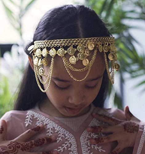 idealway Girls Belly Dance Hair Hoop Indian Gold Plated Dance Headband Tribal Headband with Chain and Coin Ornaments - Image 1