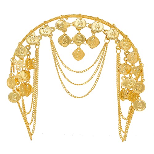 idealway Girls Belly Dance Hair Hoop Indian Gold Plated Dance Headband Tribal Headband with Chain and Coin Ornaments - Image 3