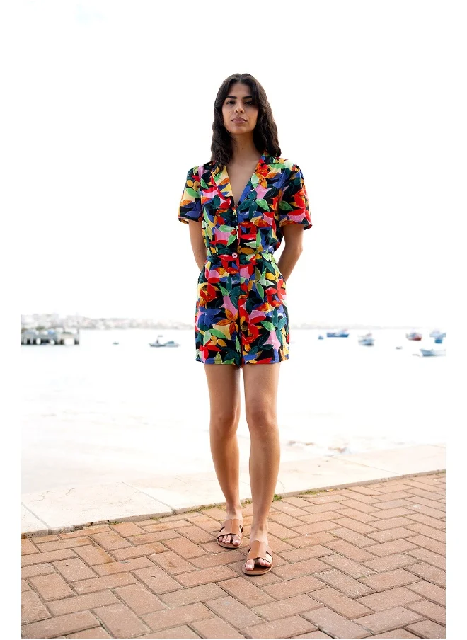 يامي Multicolour Tropical Leaf Print Playsuit