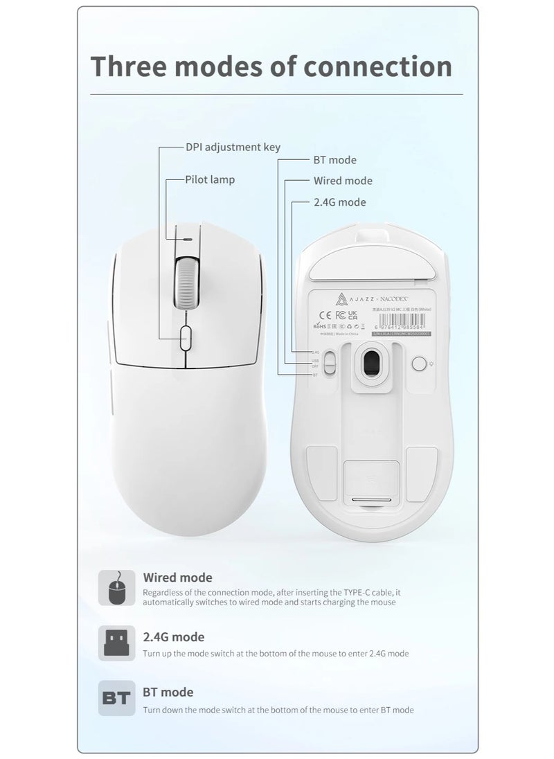 A-jazz AJ139 V2 MC Gaming Mouse with RGB Magnetic Base, 3-Mode Connection: USB Wired/2.4G Wireless/BT, 500mAh Battery Capacity, 80 Million Magnetic Clicks, Adjustable Resolution: 12000DPI, PAW3311 Sensor, Ultra-Light Design, White  - Image 2