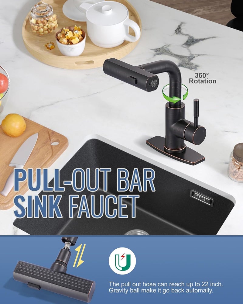 ALEASHA Bar Sink Faucet Single Hole - for Bar Small Kitchen Bathroom Faucets with cUPC Supply Lines, 3 Water Modes Wet Bar Faucets 360 Swivel Prep Sink Faucet with Pull Out Sprayer, Oil Rubbed Bronze - Image 3