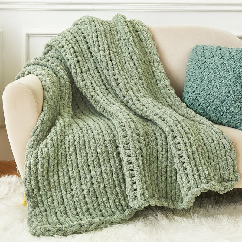 Admitrack Chunky Knit Blanket Throw  100% Hand Knit Chenille Throw Blanket for Sofa & Home Decor  Soft and Cozy Knitted Throw Blankets (Sage Green 40""x50"") - Image 2