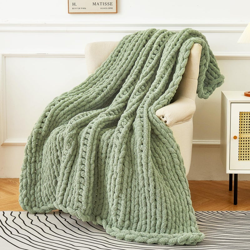 Admitrack Chunky Knit Blanket Throw  100% Hand Knit Chenille Throw Blanket for Sofa & Home Decor  Soft and Cozy Knitted Throw Blankets (Sage Green 40""x50"") - Image 1