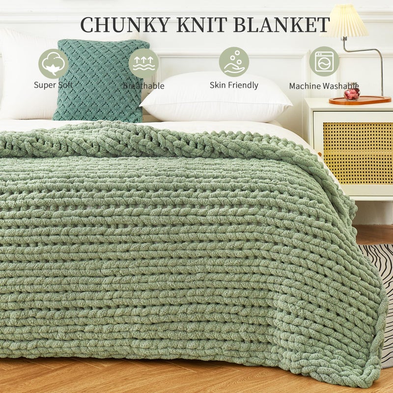 Admitrack Chunky Knit Blanket Throw  100% Hand Knit Chenille Throw Blanket for Sofa & Home Decor  Soft and Cozy Knitted Throw Blankets (Sage Green 40""x50"") - Image 4