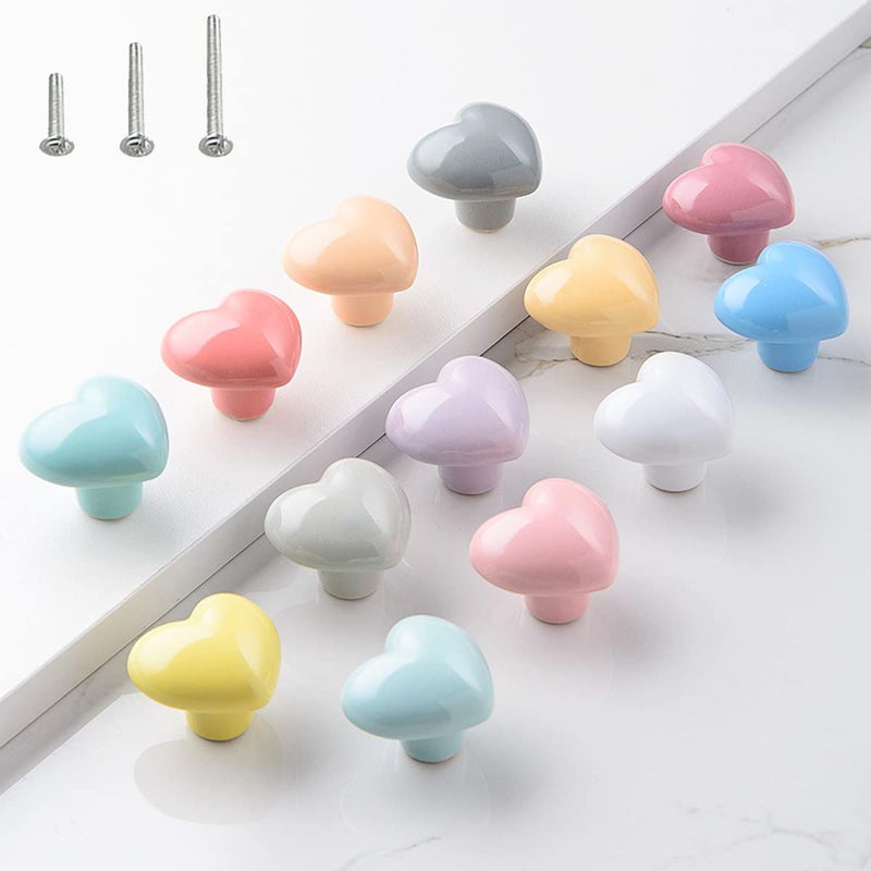 HUAMULAN 15PCS Glossy Ceramic Knobs Heart Shape Cabinet Dresser Pulls Door Handles Cupboard Wardrobe Drawer3 Size Mounting Screws Assorted Color