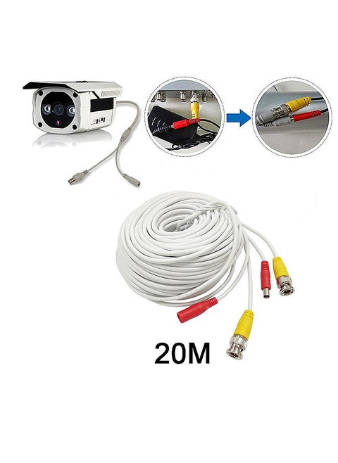 كابل CCTV بطول 20 متر مصنوع مسبقًا من BNC إلى DC كابل ممتد لكاميرات الفيديو - أبيض
