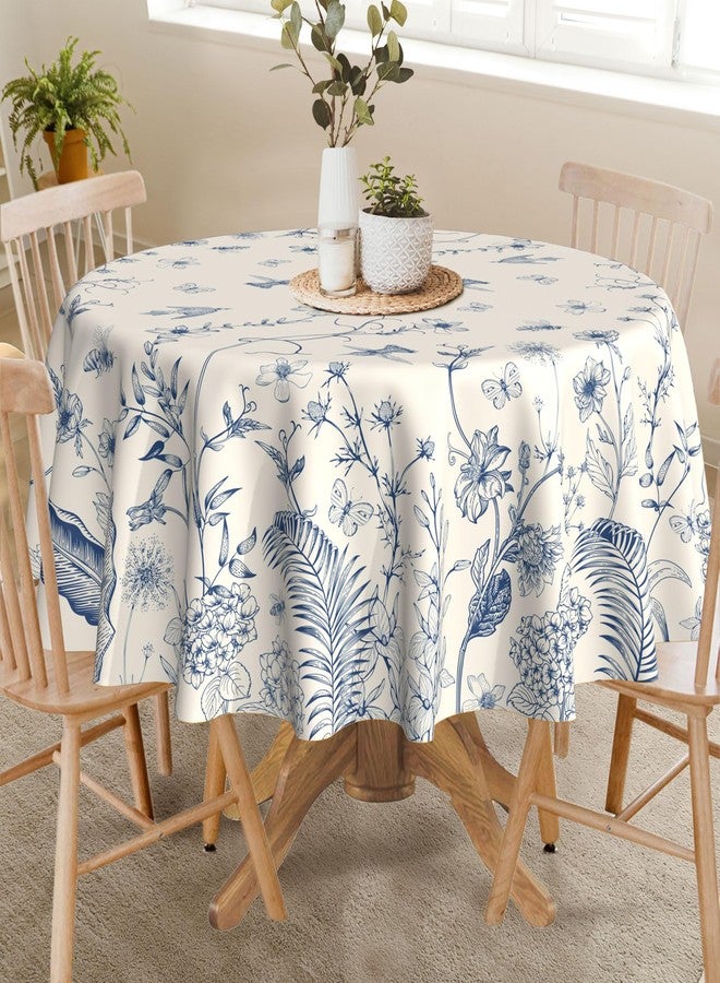 Hexagram Floral Tablecloth 60 Inches Round Summer Spring Table Cloth Stain Resistance Restaurant, Picnic, Indoor and Outdoor Dining Blue Decoration - Image 2