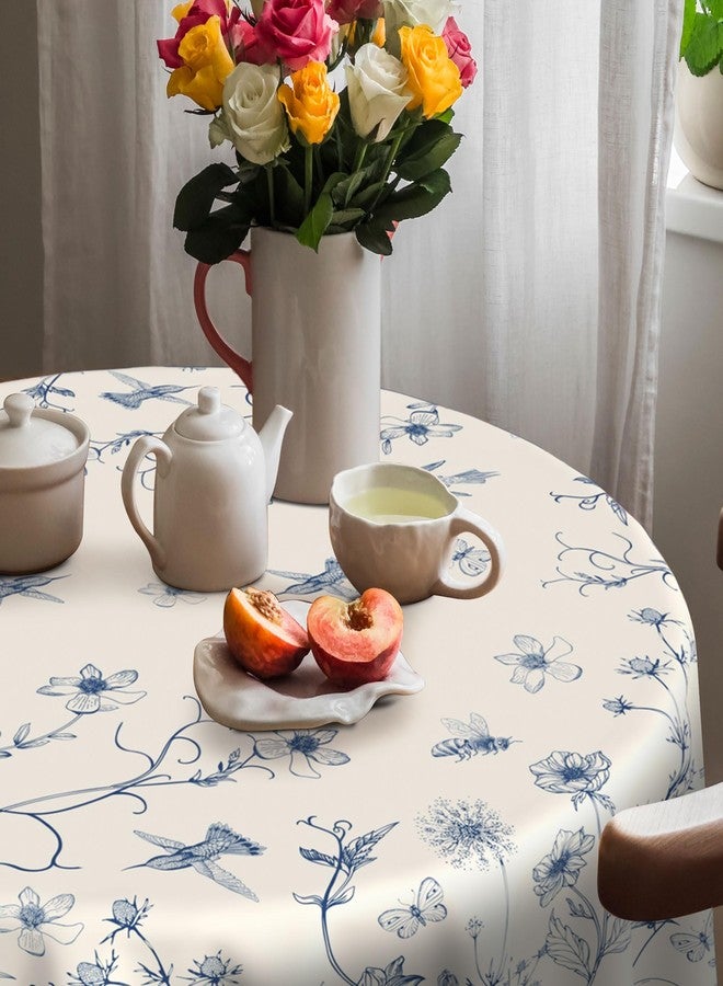 Hexagram Floral Tablecloth 60 Inches Round Summer Spring Table Cloth Stain Resistance Restaurant, Picnic, Indoor and Outdoor Dining Blue Decoration - Image 1