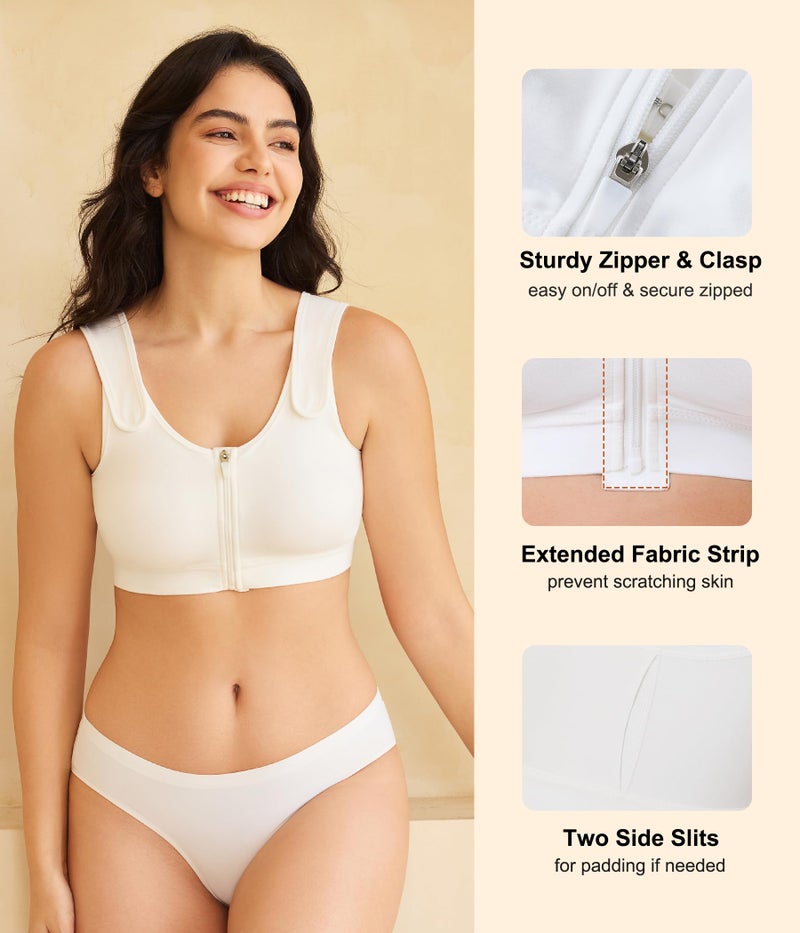 CYDREAM Zip Front Closure Wireless Bras for Women Full Coverage Post Surgery Compression Back Smoothing Comfort Adjustable (US, Alpha, Large, Regular, Regular, White) - Image 4